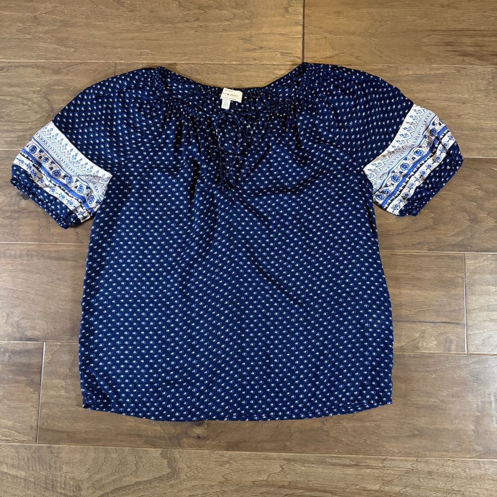 Lucky Brand‎ Womens Navy Blue White Geometric Peasant Blouse Tie Neck Small